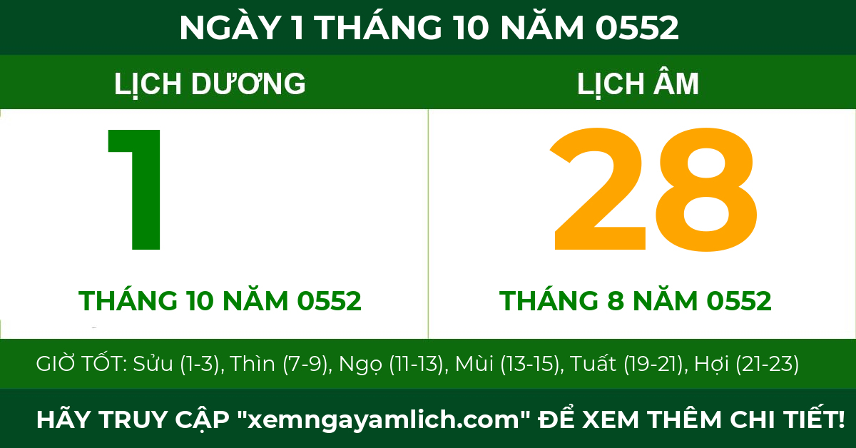 lịch âm ngày 1 tháng 10 năm 0552