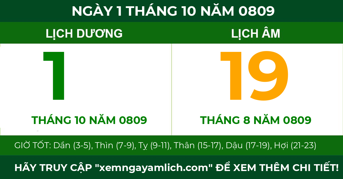 lịch âm ngày 1 tháng 10 năm 0809