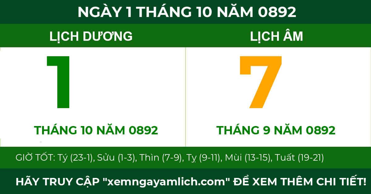 lịch âm ngày 1 tháng 10 năm 0892