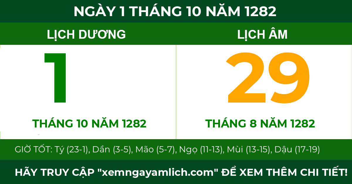 lịch âm ngày 1 tháng 10 năm 1282
