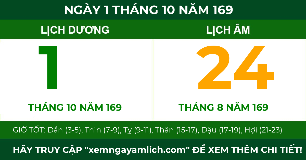 lịch âm ngày 1 tháng 10 năm 169