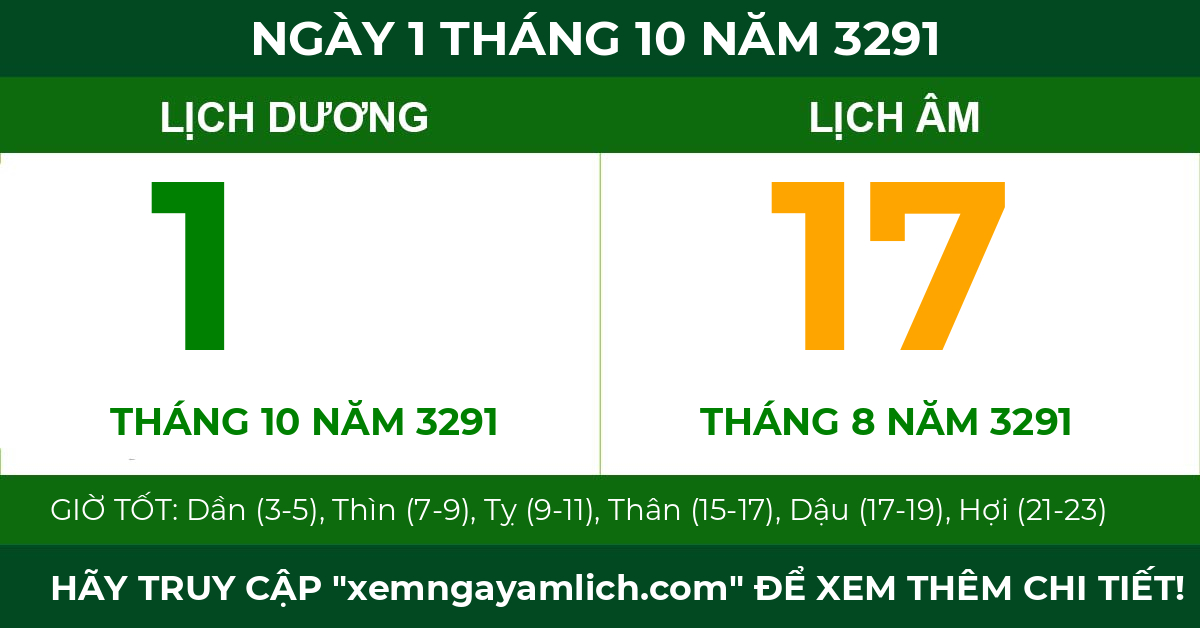 lịch âm ngày 1 tháng 10 năm 3291