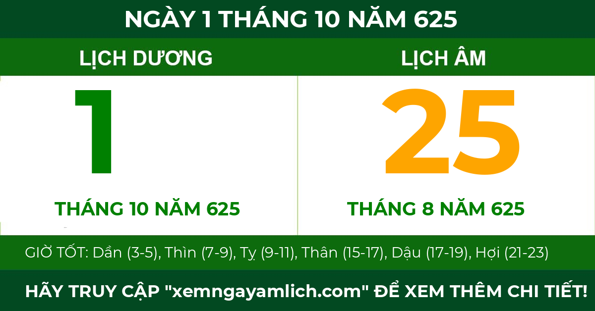 lịch âm ngày 1 tháng 10 năm 625