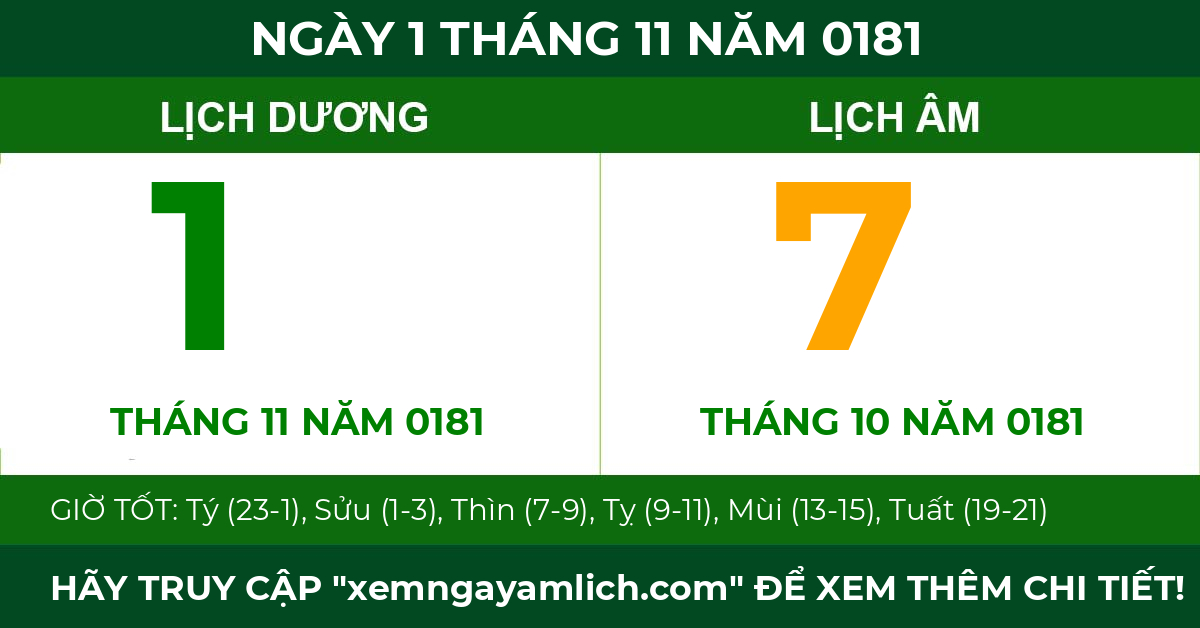 lịch âm ngày 1 tháng 11 năm 0181