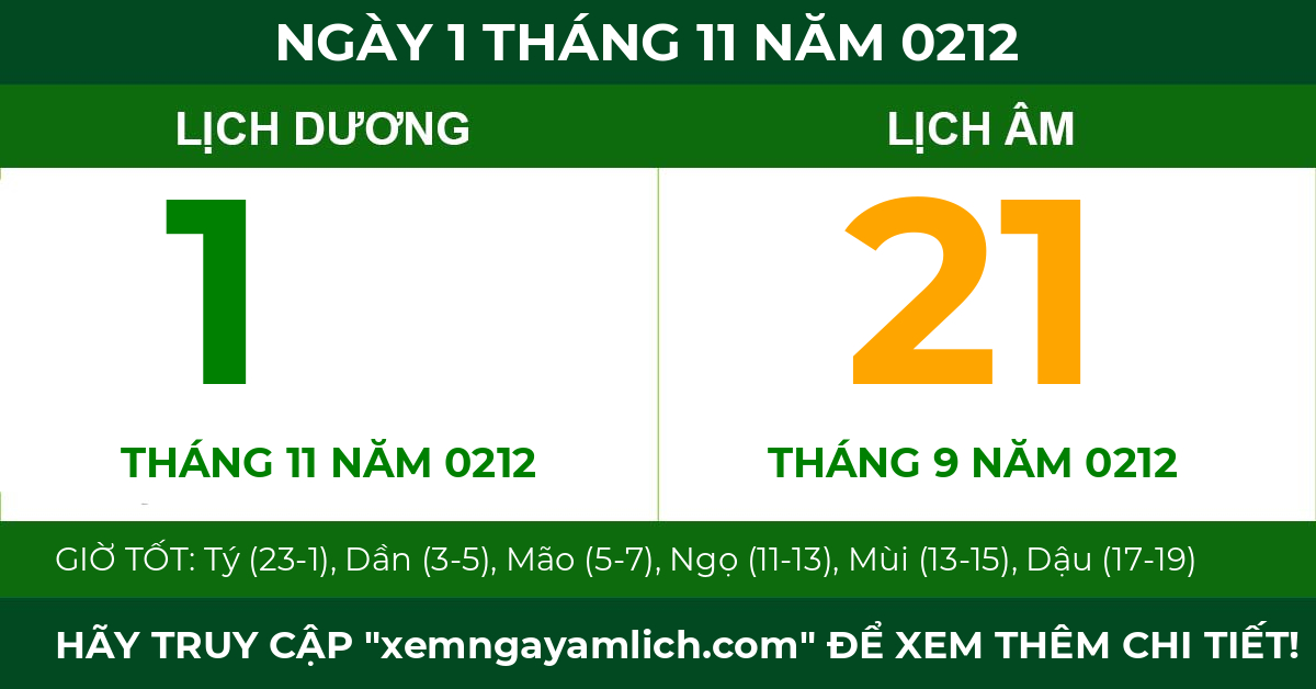 lịch âm ngày 1 tháng 11 năm 0212