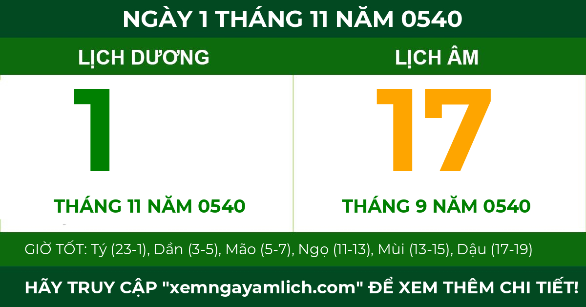 lịch âm ngày 1 tháng 11 năm 0540