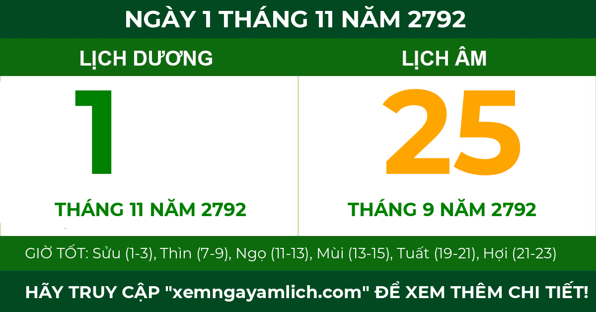 lịch âm ngày 1 tháng 11 năm 2792