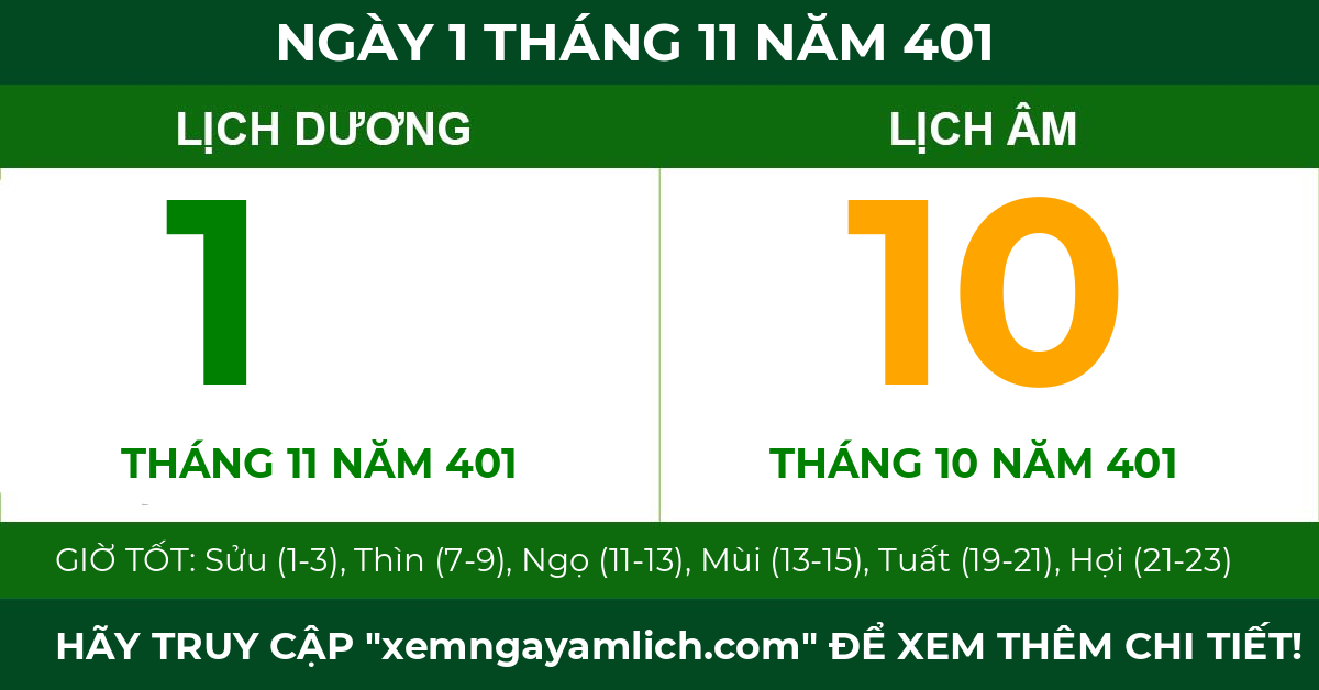 lịch âm ngày 1 tháng 11 năm 401