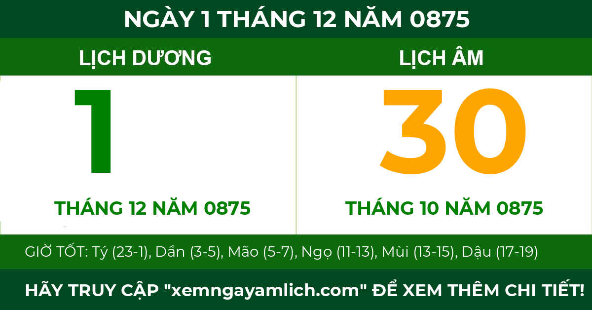 lịch âm ngày 1 tháng 12 năm 0875