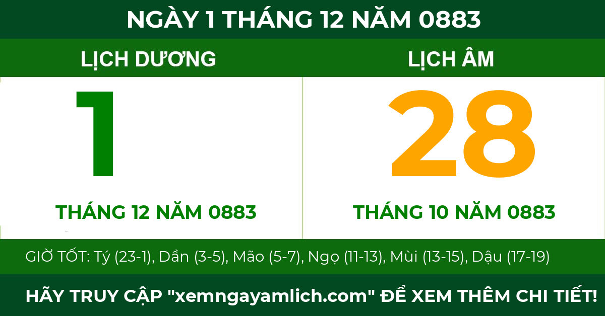 lịch âm ngày 1 tháng 12 năm 0883