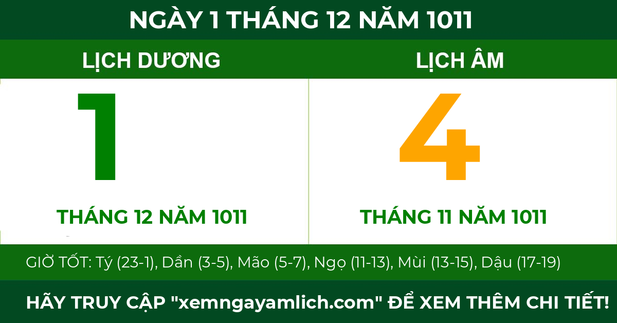 lịch âm ngày 1 tháng 12 năm 1011