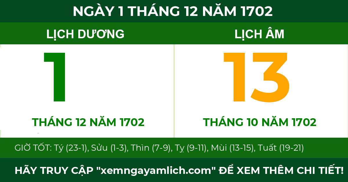 lịch âm ngày 1 tháng 12 năm 1702