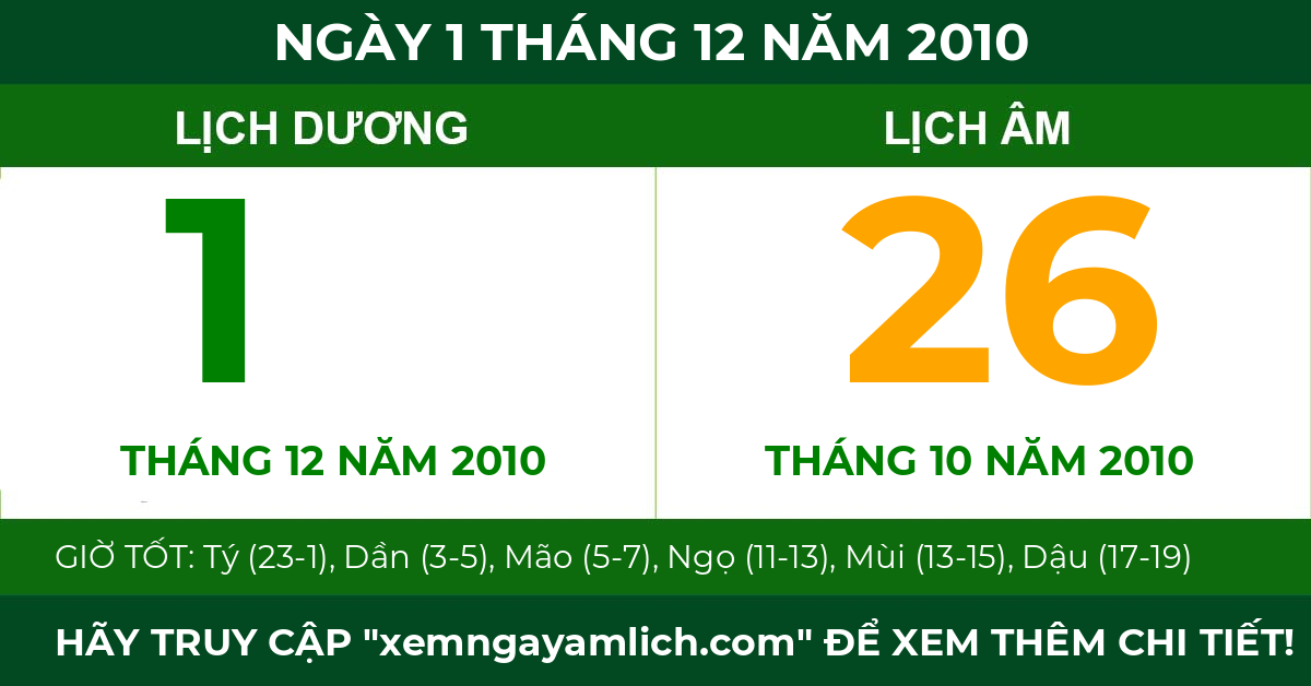 lịch âm ngày 1 tháng 12 năm 2010