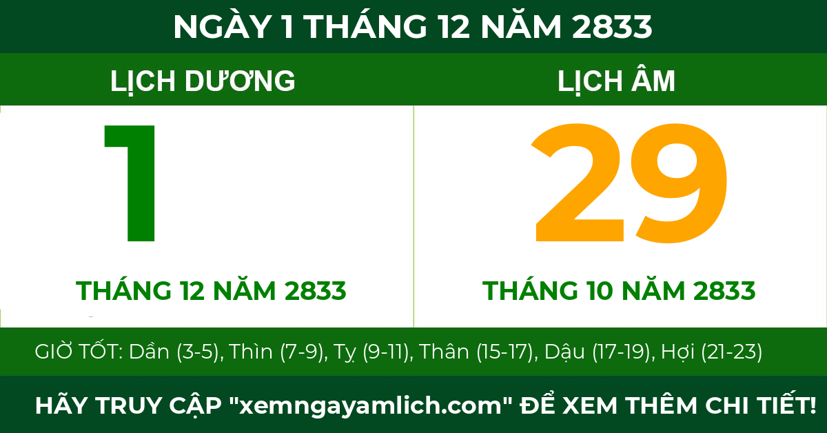 lịch âm ngày 1 tháng 12 năm 2833