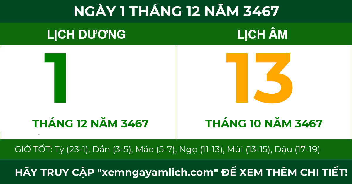 lịch âm ngày 1 tháng 12 năm 3467