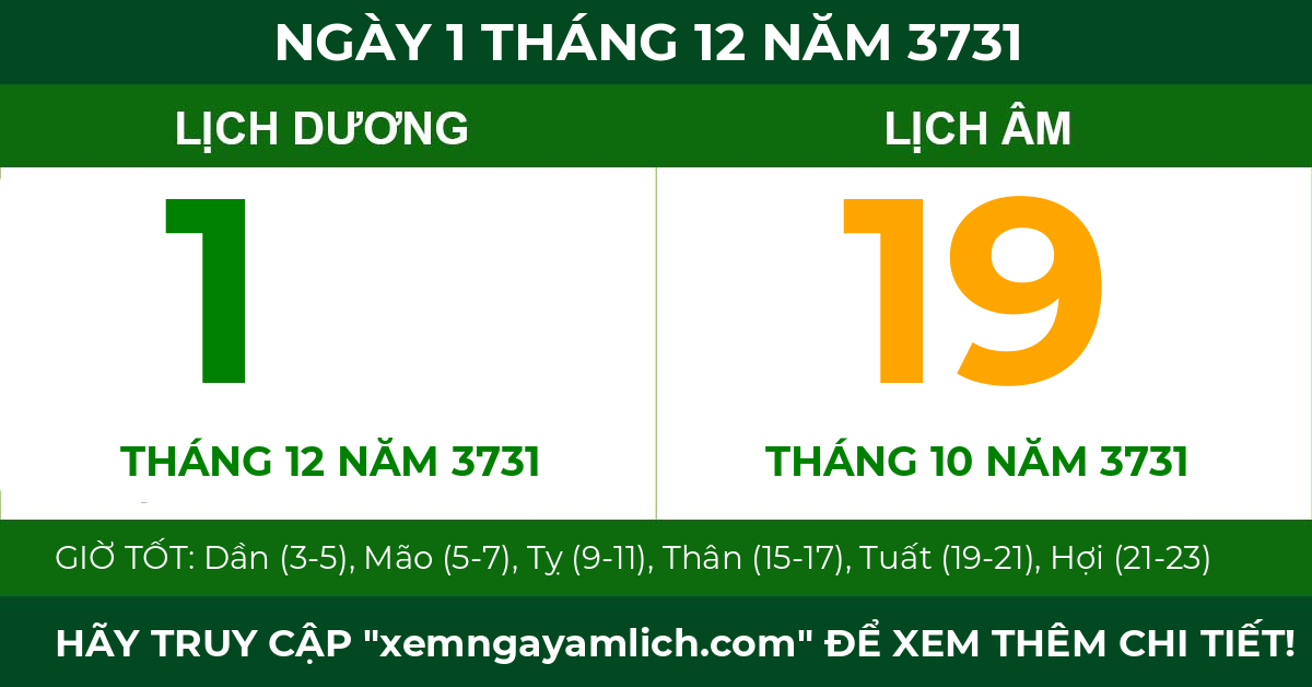 lịch âm ngày 1 tháng 12 năm 3731