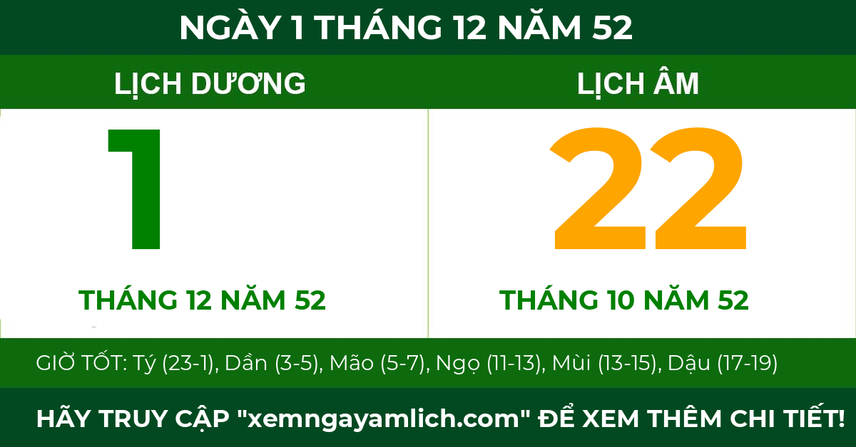 lịch âm ngày 1 tháng 12 năm 52