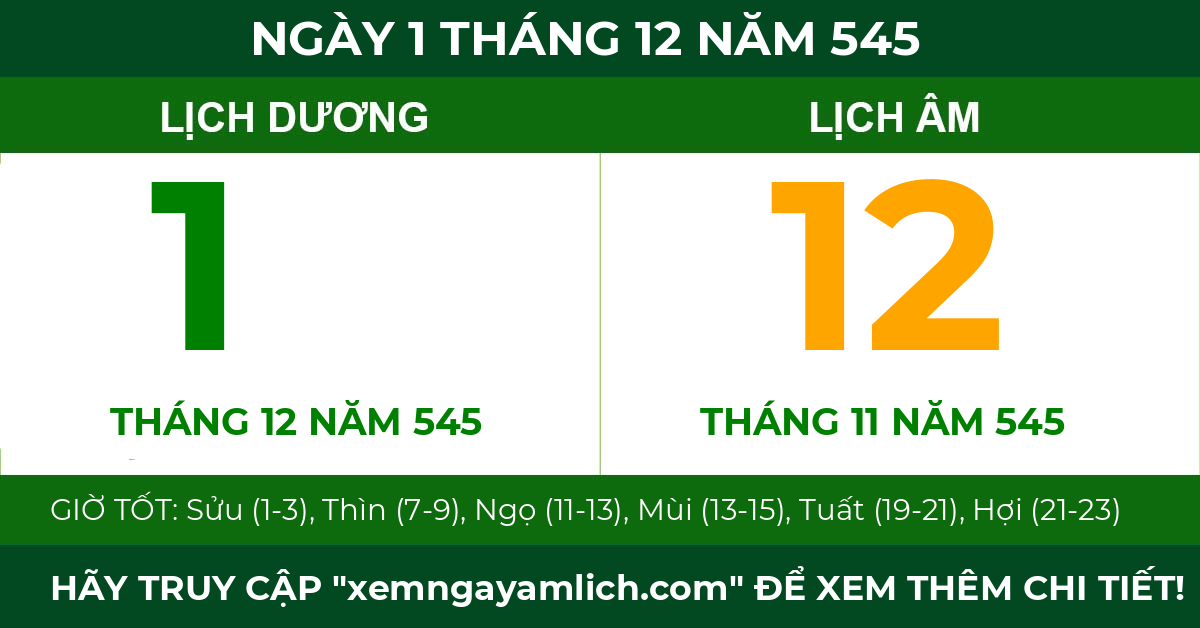 lịch âm ngày 1 tháng 12 năm 545