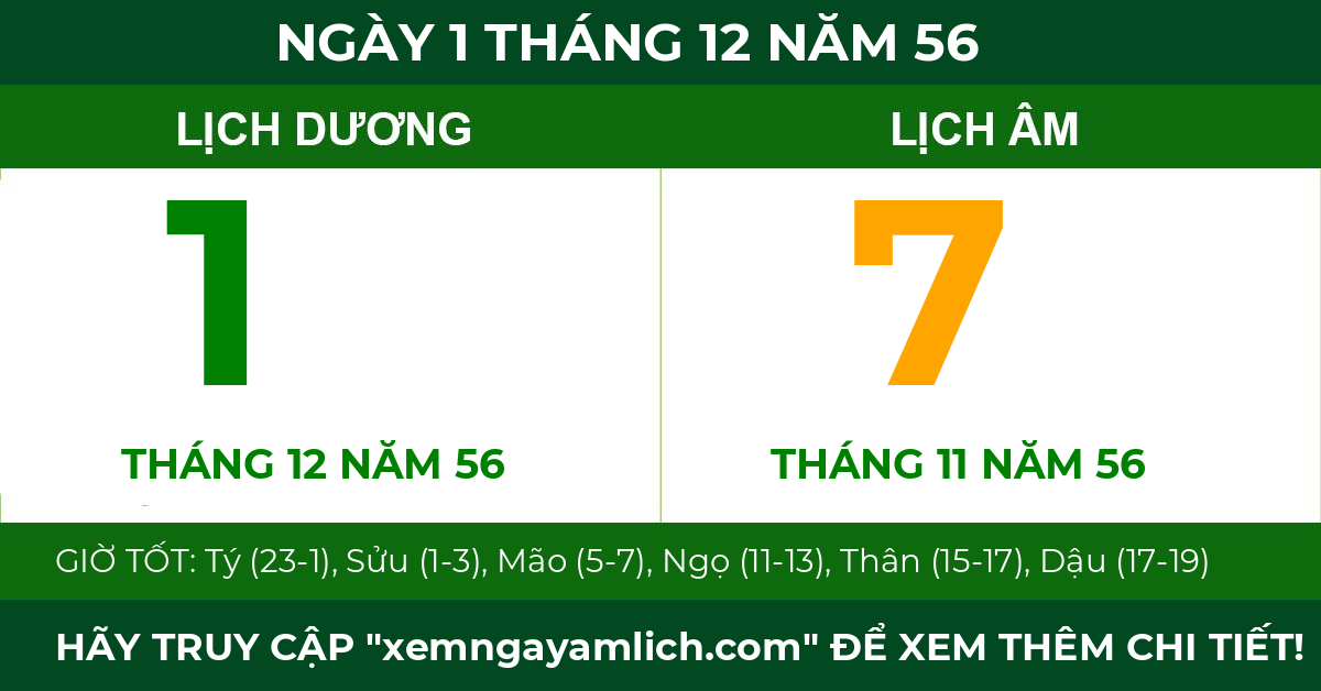 lịch âm ngày 1 tháng 12 năm 56