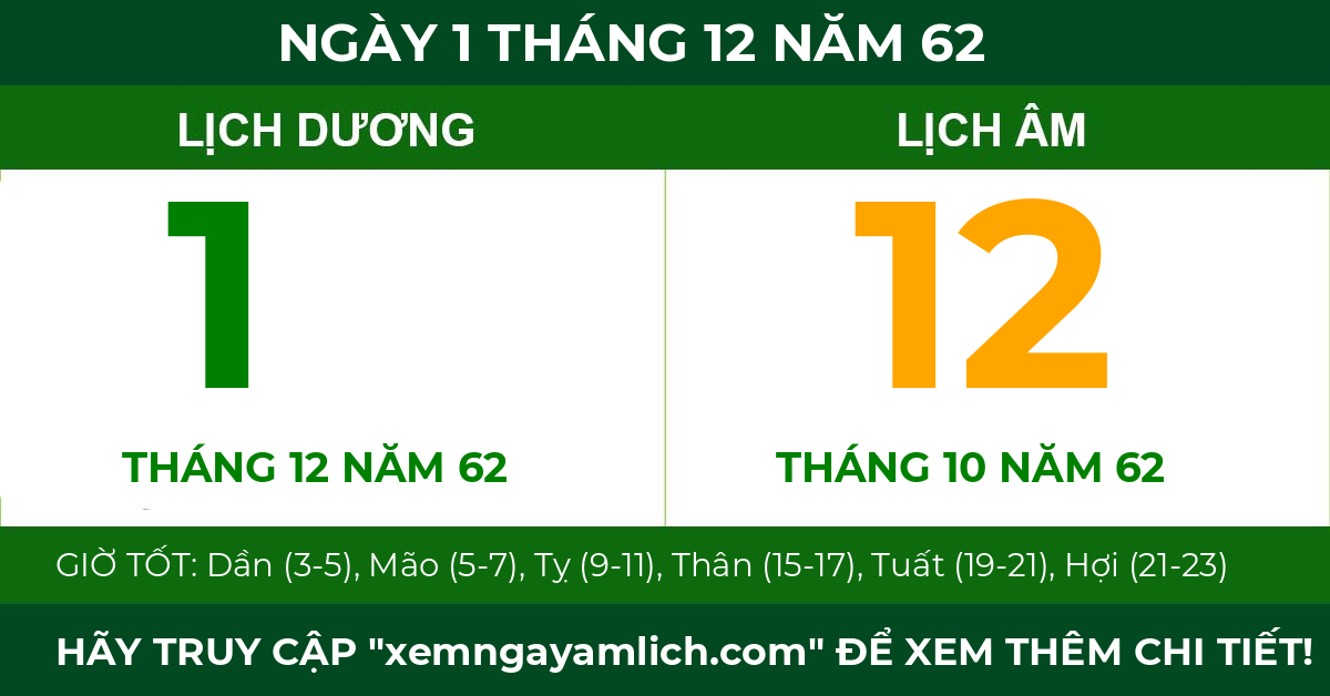 lịch âm ngày 1 tháng 12 năm 62
