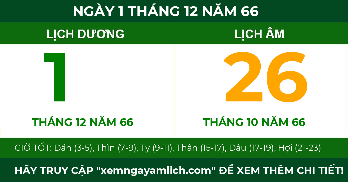 lịch âm ngày 1 tháng 12 năm 66