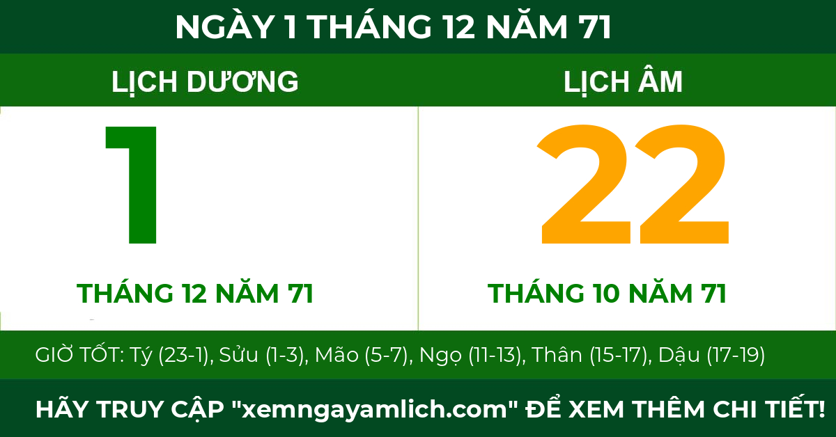 lịch âm ngày 1 tháng 12 năm 71