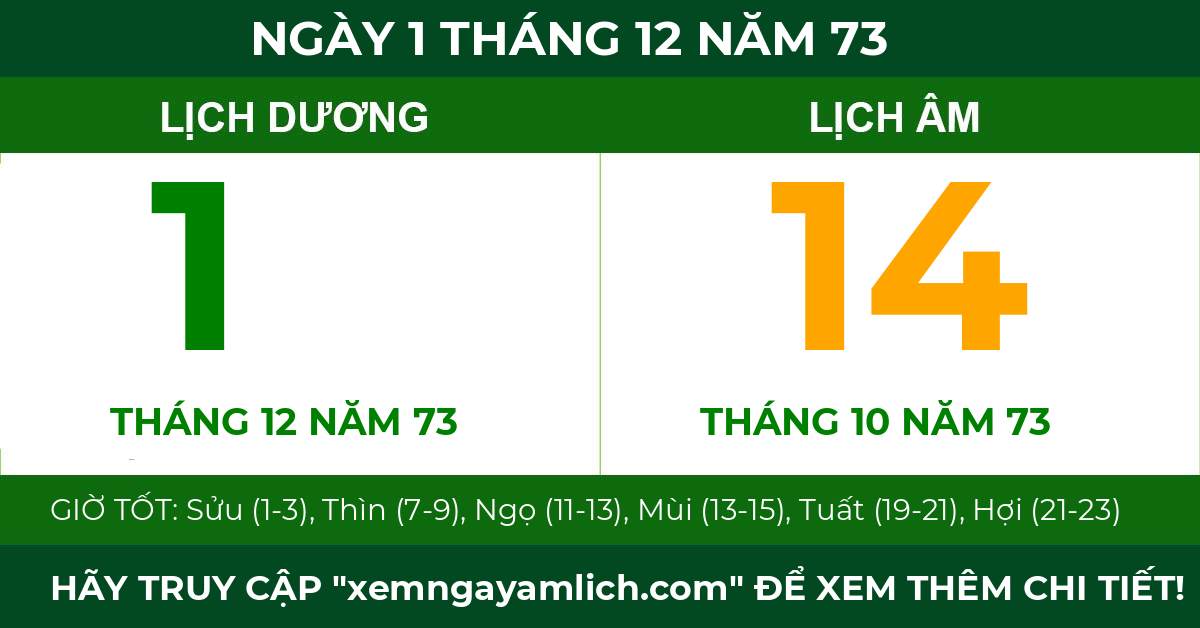 lịch âm ngày 1 tháng 12 năm 73
