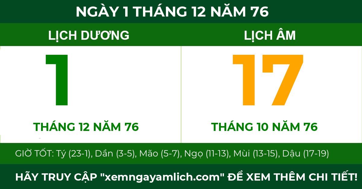 lịch âm ngày 1 tháng 12 năm 76