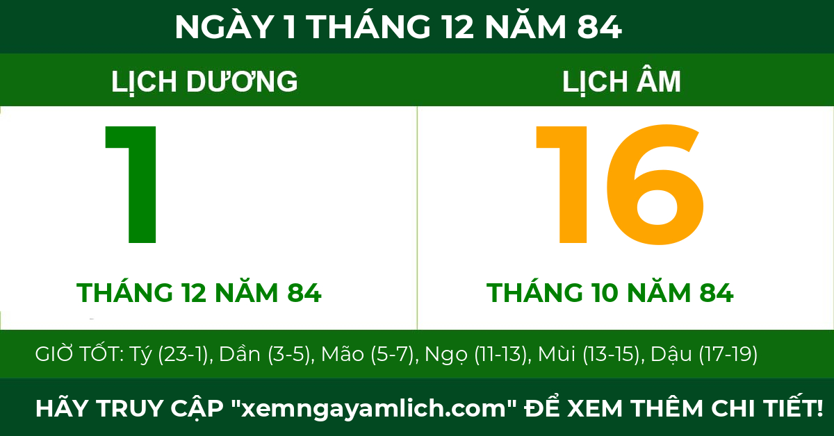 lịch âm ngày 1 tháng 12 năm 84