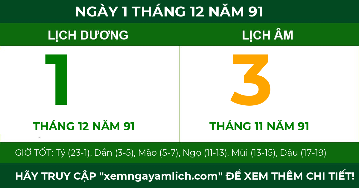 lịch âm ngày 1 tháng 12 năm 91