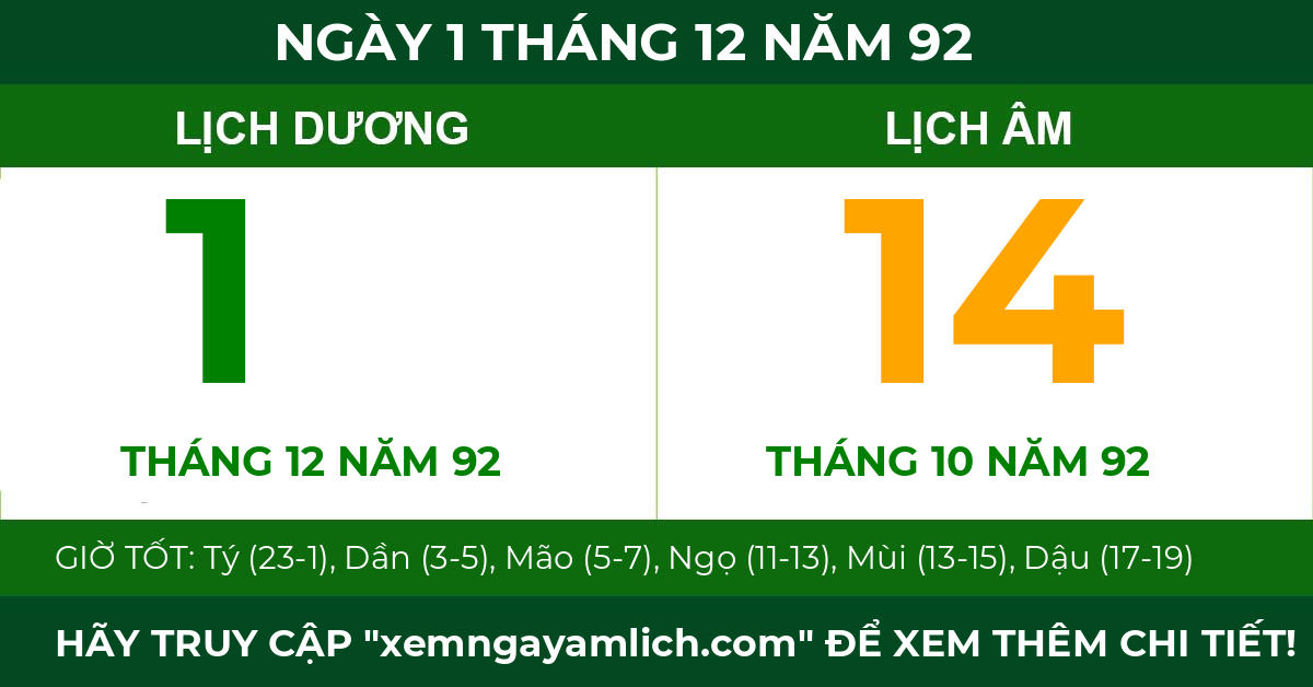 lịch âm ngày 1 tháng 12 năm 92