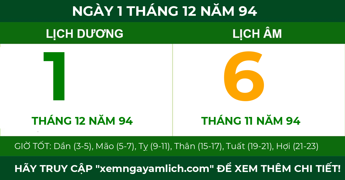 lịch âm ngày 1 tháng 12 năm 94