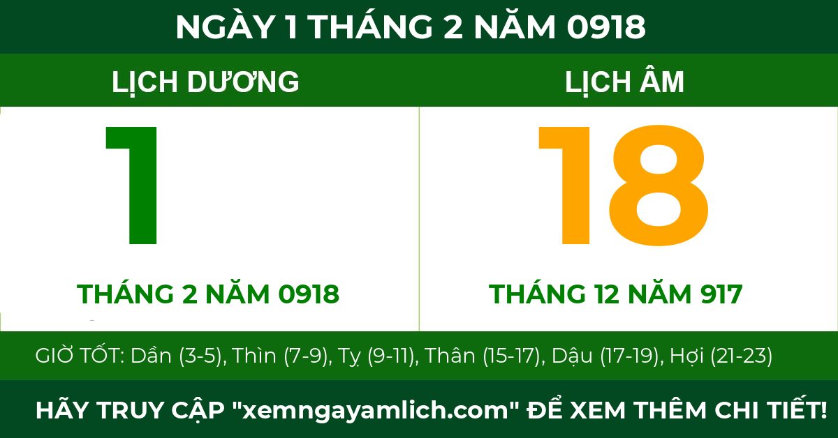 lịch âm ngày 1 tháng 2 năm 0918