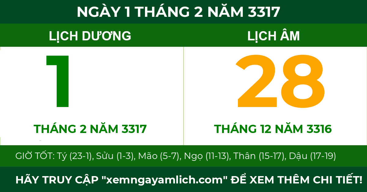 lịch âm ngày 1 tháng 2 năm 3317