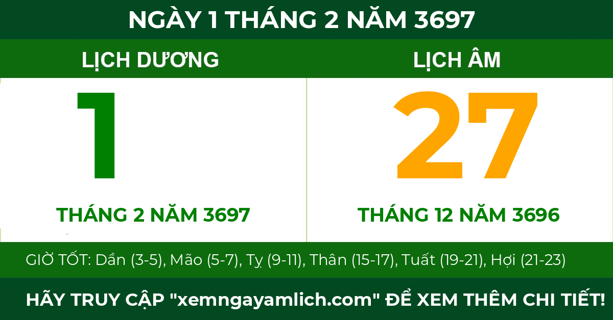 lịch âm ngày 1 tháng 2 năm 3697