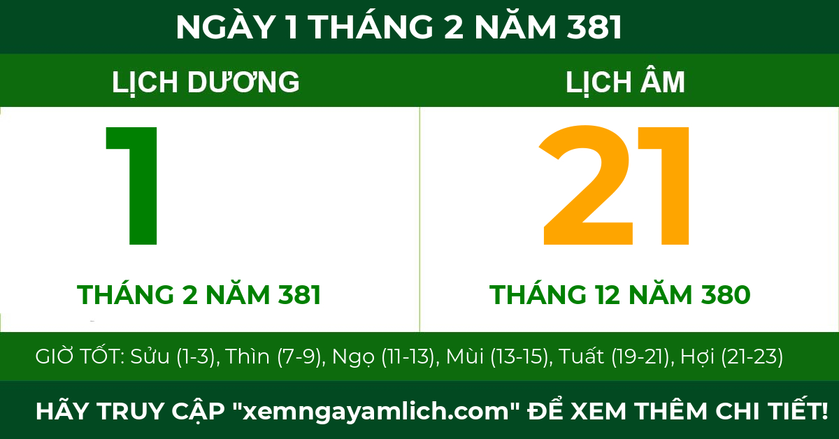 lịch âm ngày 1 tháng 2 năm 381