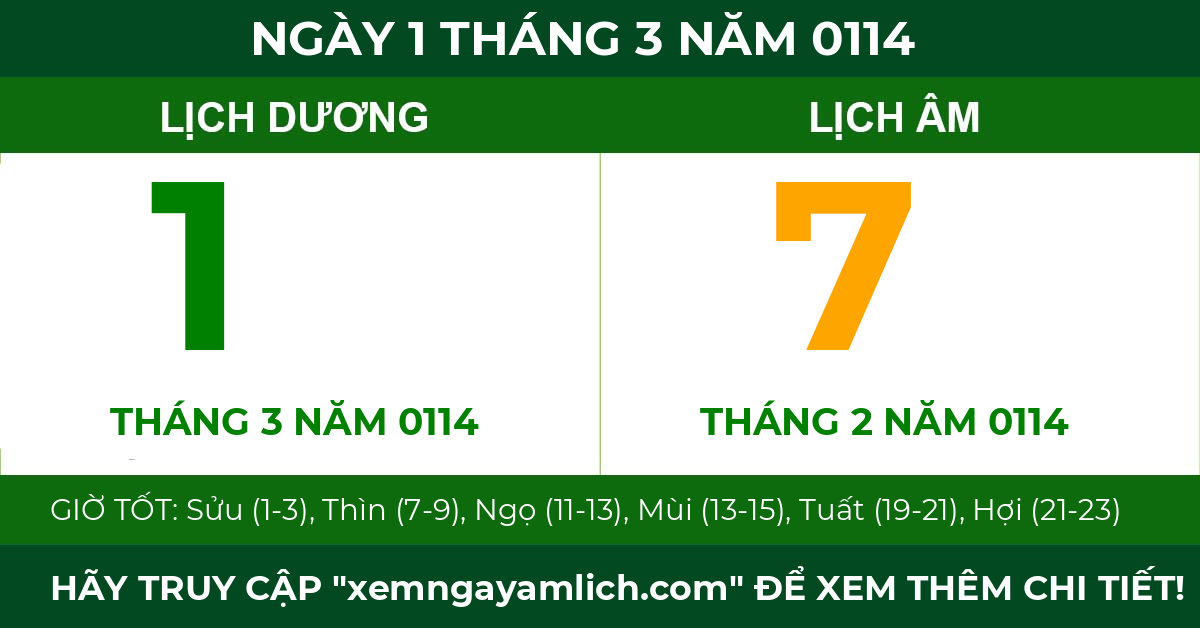 lịch âm ngày 1 tháng 3 năm 0114