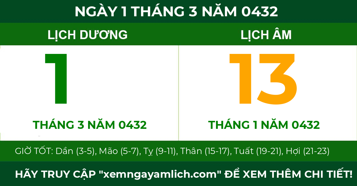 lịch âm ngày 1 tháng 3 năm 0432