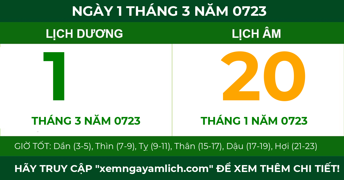 lịch âm ngày 1 tháng 3 năm 0723