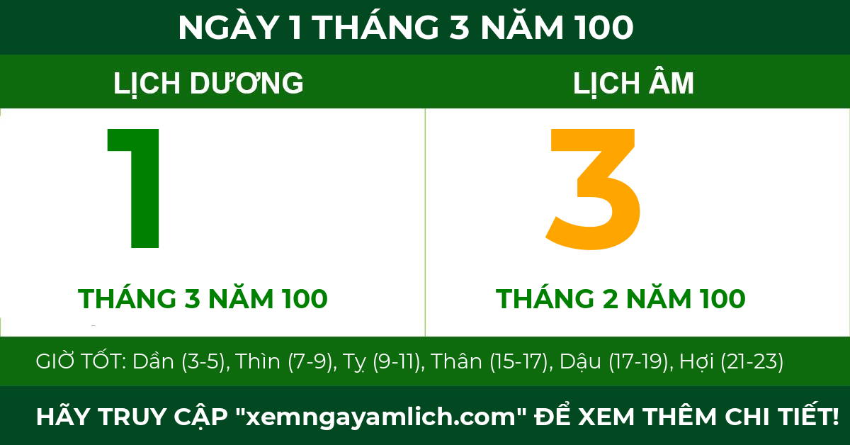 lịch âm ngày 1 tháng 3 năm 100
