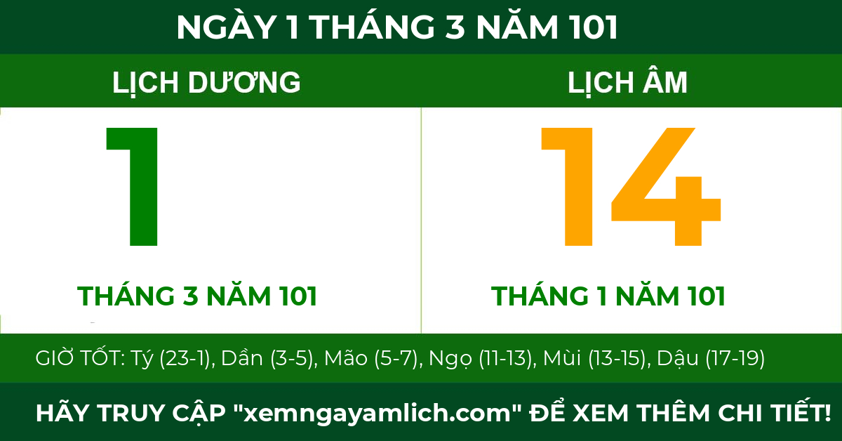 lịch âm ngày 1 tháng 3 năm 101