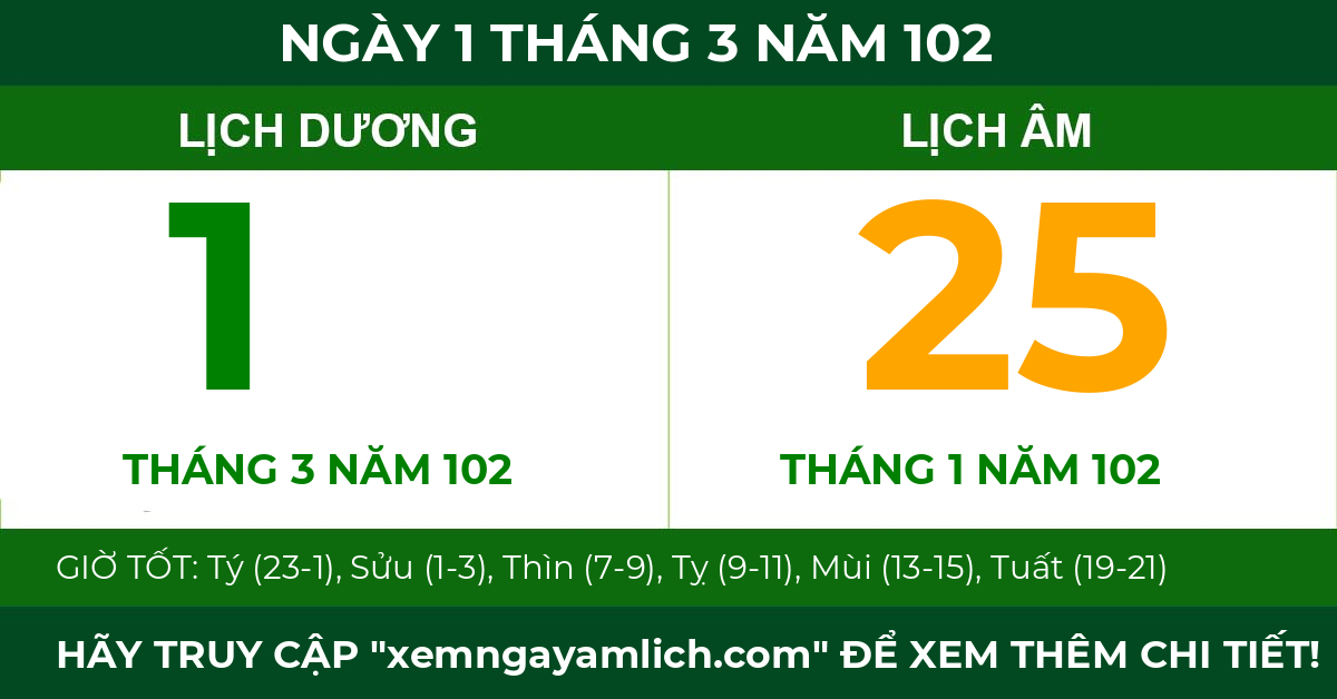 lịch âm ngày 1 tháng 3 năm 102