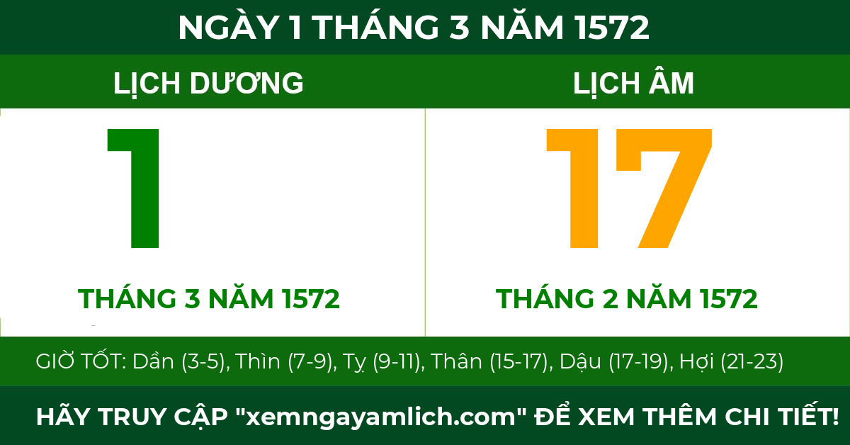 lịch âm ngày 1 tháng 3 năm 1572