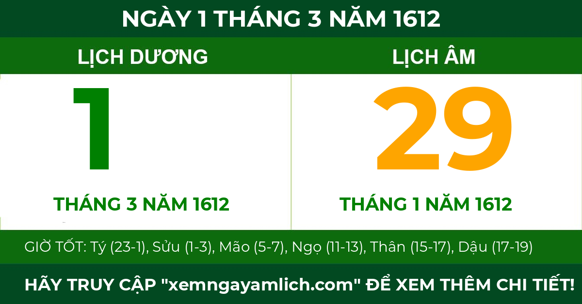 lịch âm ngày 1 tháng 3 năm 1612