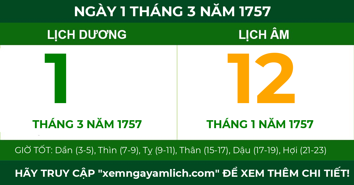 lịch âm ngày 1 tháng 3 năm 1757