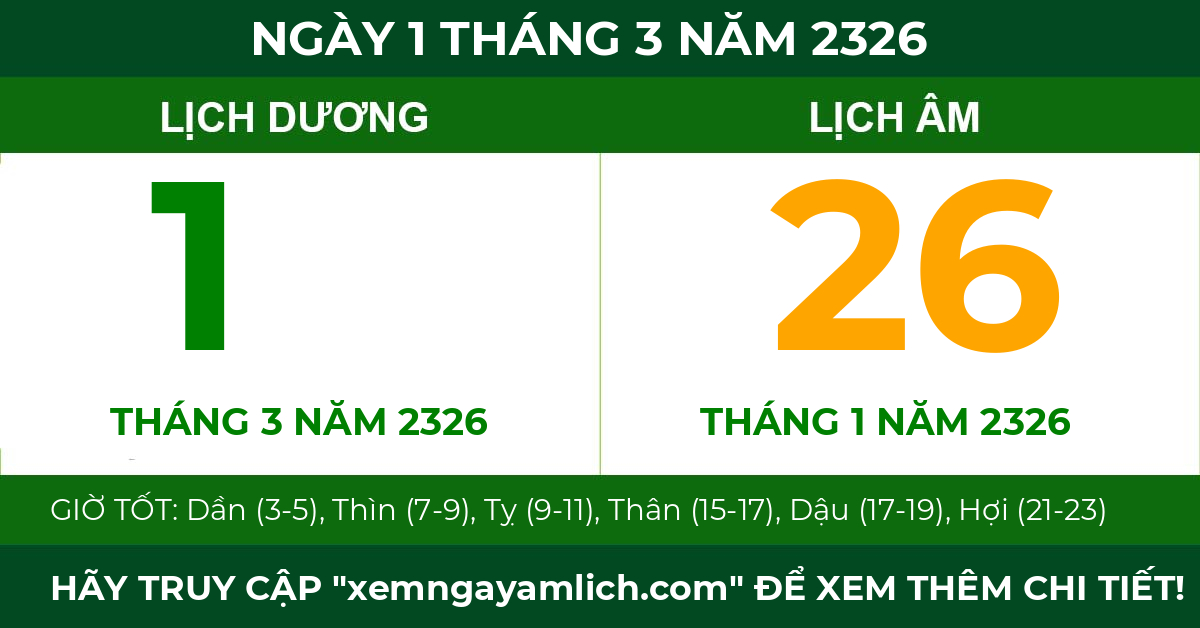 lịch âm ngày 1 tháng 3 năm 2326