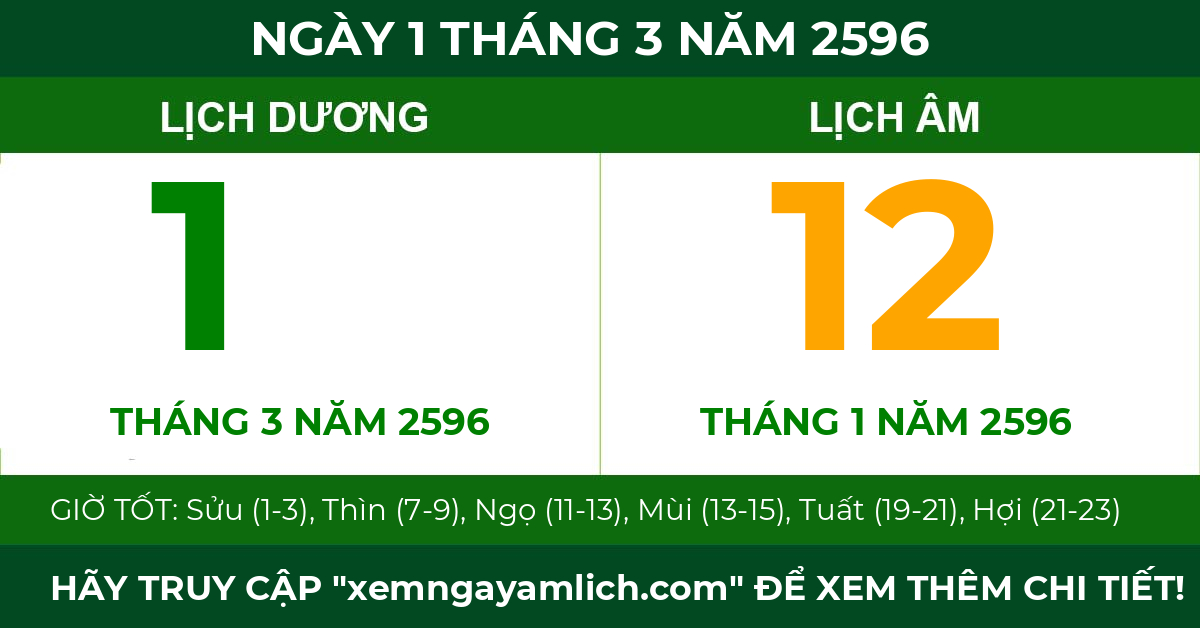 lịch âm ngày 1 tháng 3 năm 2596