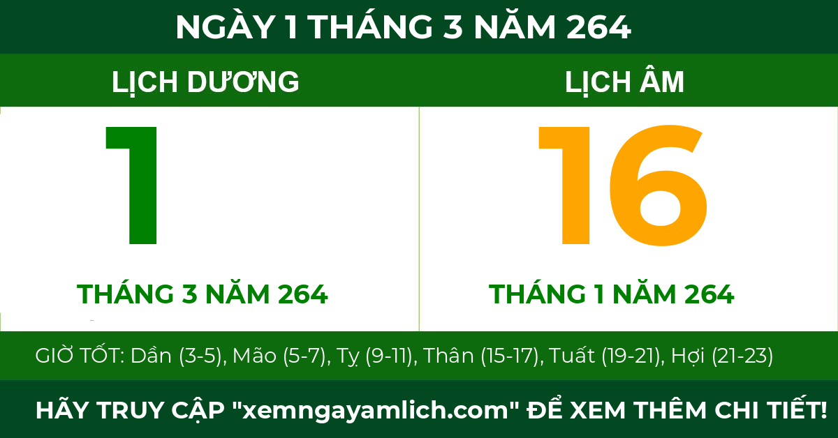 lịch âm ngày 1 tháng 3 năm 264