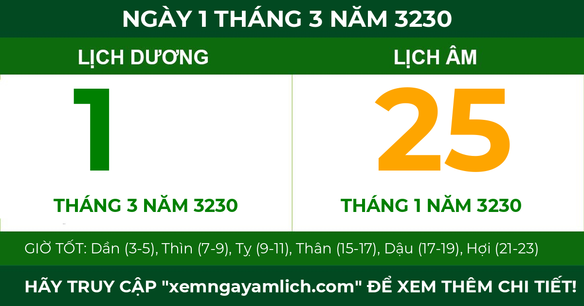 lịch âm ngày 1 tháng 3 năm 3230