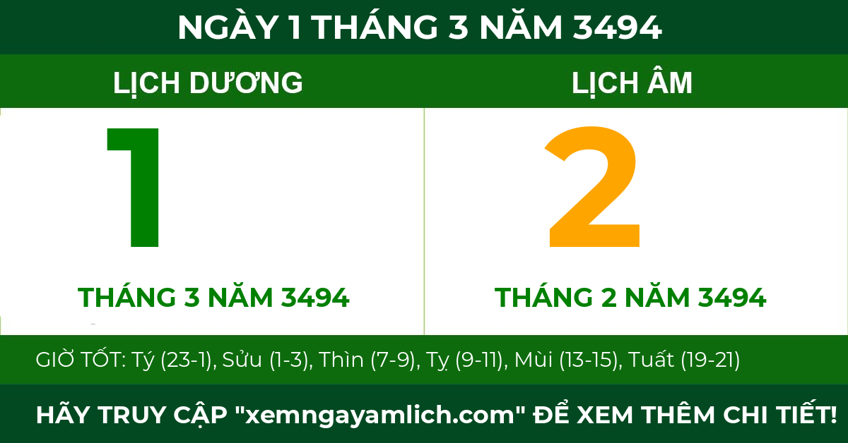lịch âm ngày 1 tháng 3 năm 3494